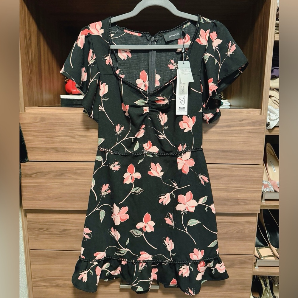 Minipink floral black mini dress S (NWT)